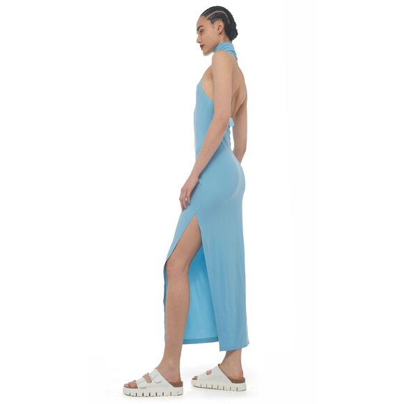 Norma Kamali Halter Turtle Side Slit Gown in Powder Blue X-Small Womens Dress - Picture 14 of 16